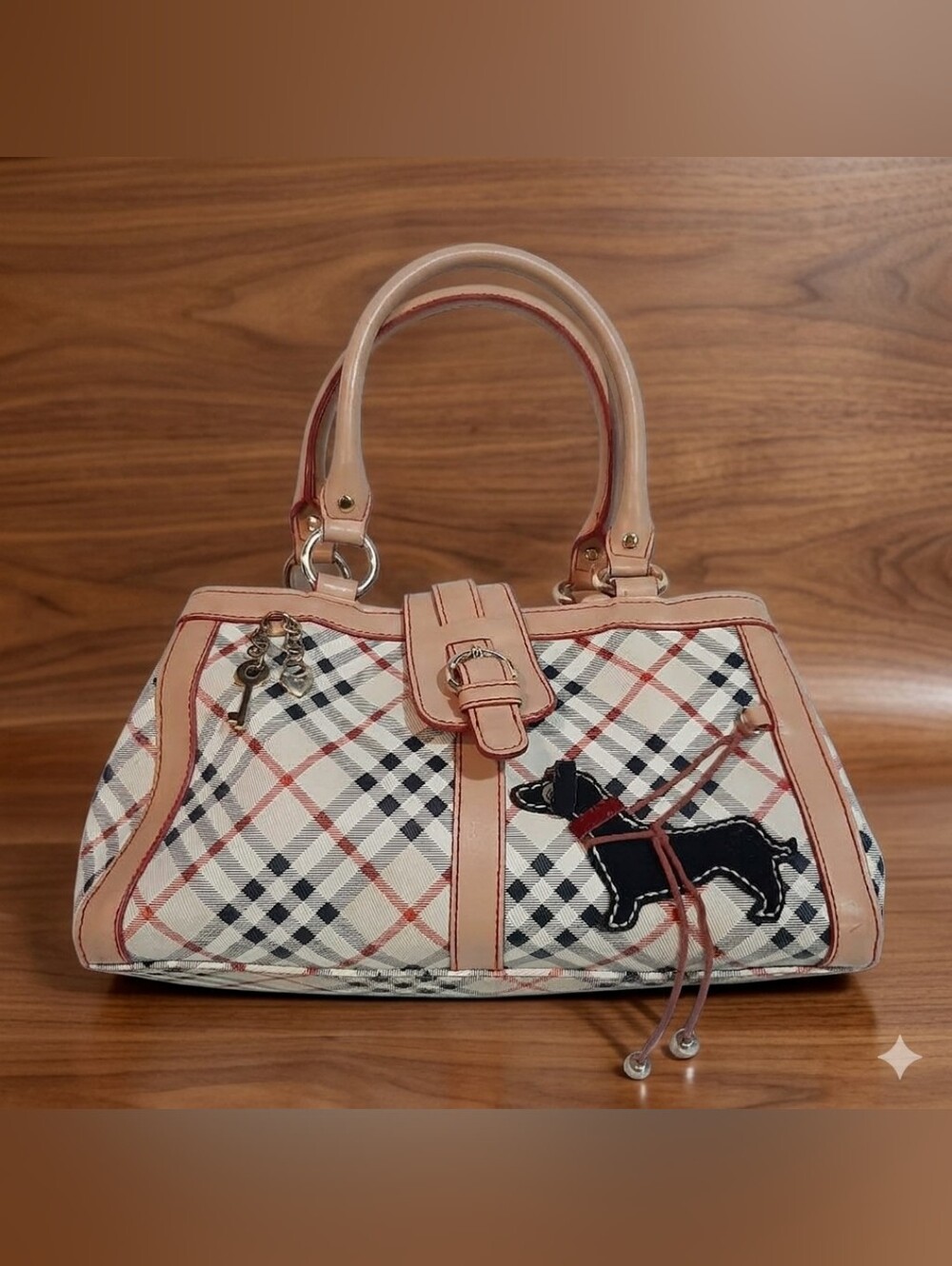 🛍America Branded Beige Plaid Purse With Stitched Dog And Bag Charms - Picture 2 of 12